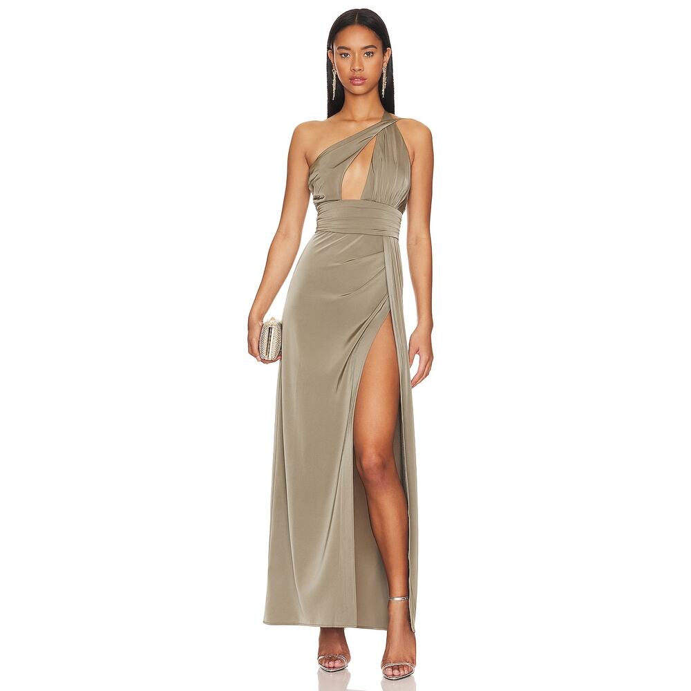 NBD Houdah Gown Olive Green One Shoulder Maxi Dress‎ Cutout Front Sz XS